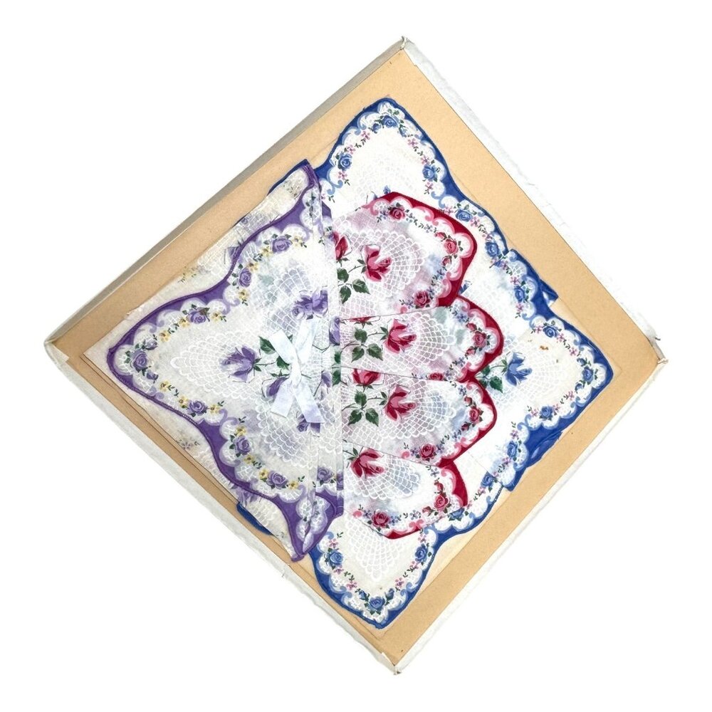 Vintage Floral Handkerchief Red Blue Purple Lace Trim Roses Scalloped Edge Lot 3